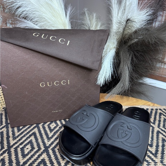 Gucci Black Embossed Slide Sandals